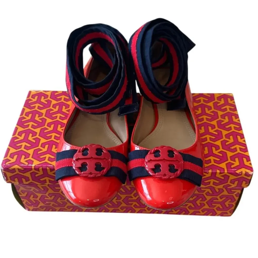 Tory Burch Maritime Ankle Wrap Ballet Flats Red Navy Patent Size 9